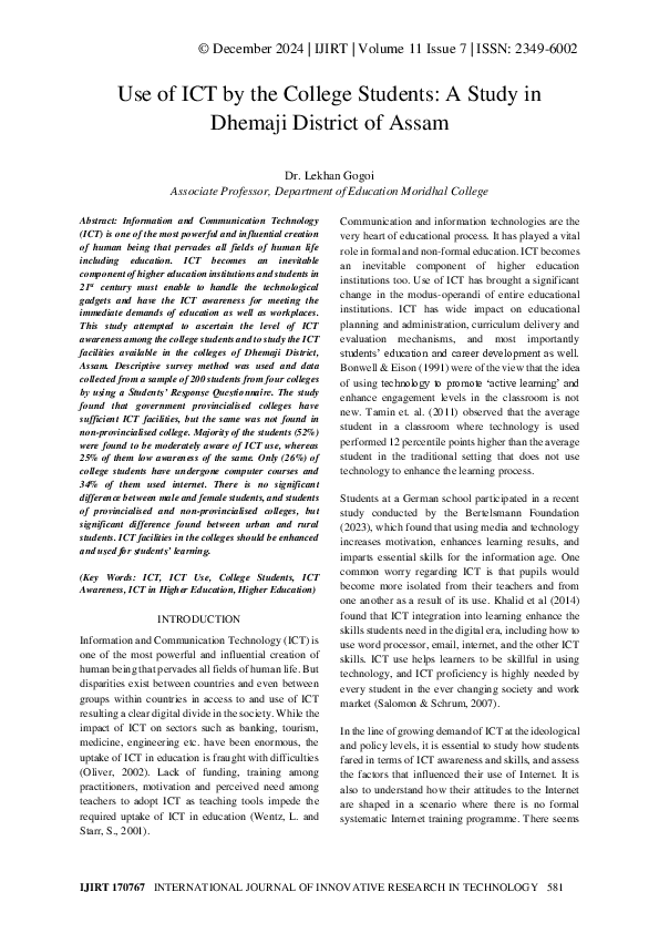 (PDF) Use of ICT by the College Students A Study in Dhemaji District of ...