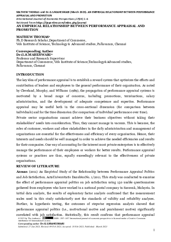(PDF) AN EMPIRICAL RELATIONSHIP BETWEEN PERFORMANCE APPRAISAL AND PROMOTION