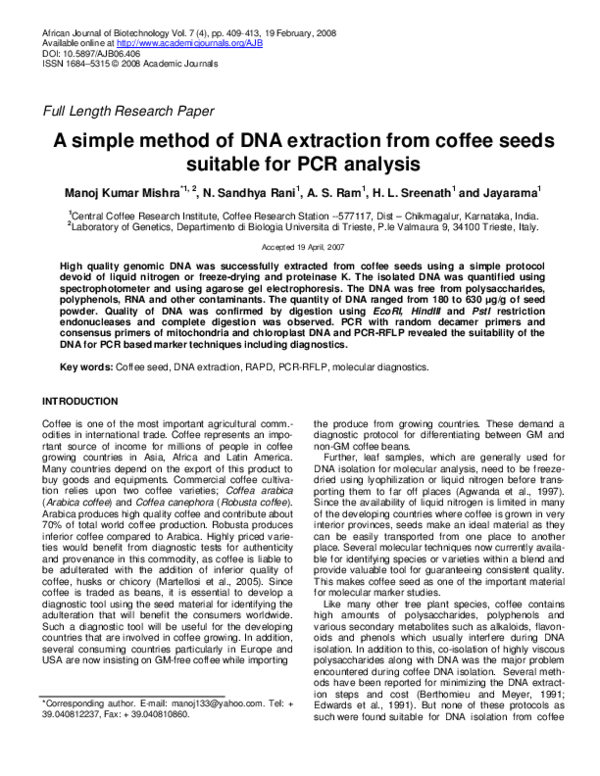(PDF) A simple method of DNA extraction from coffee seeds suitable for ...