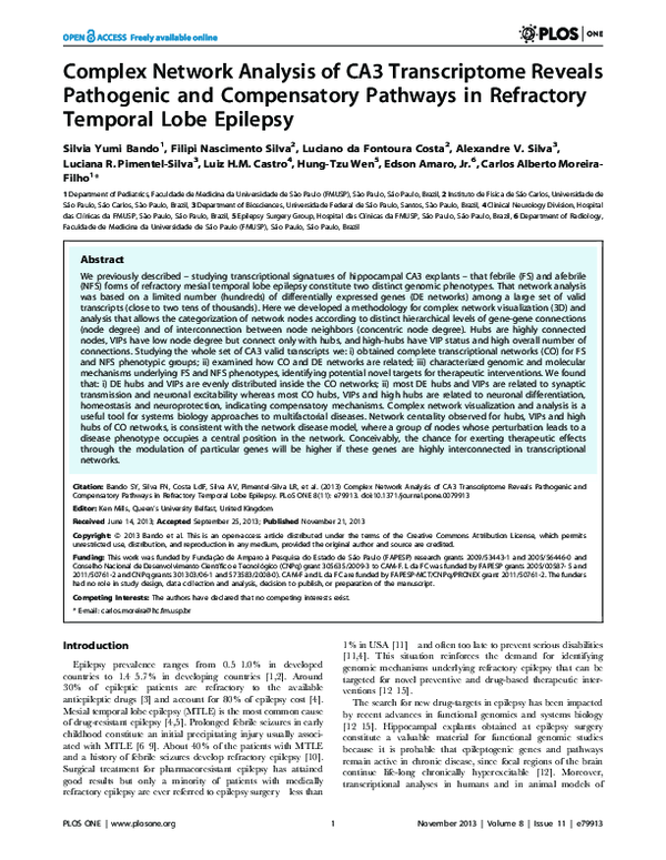 (PDF) Complex Network Analysis of CA3 Transcriptome Reveals Pathogenic ...