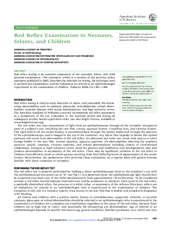 (PDF) Red Reflex Examination in Neonates, Infants, and Children
