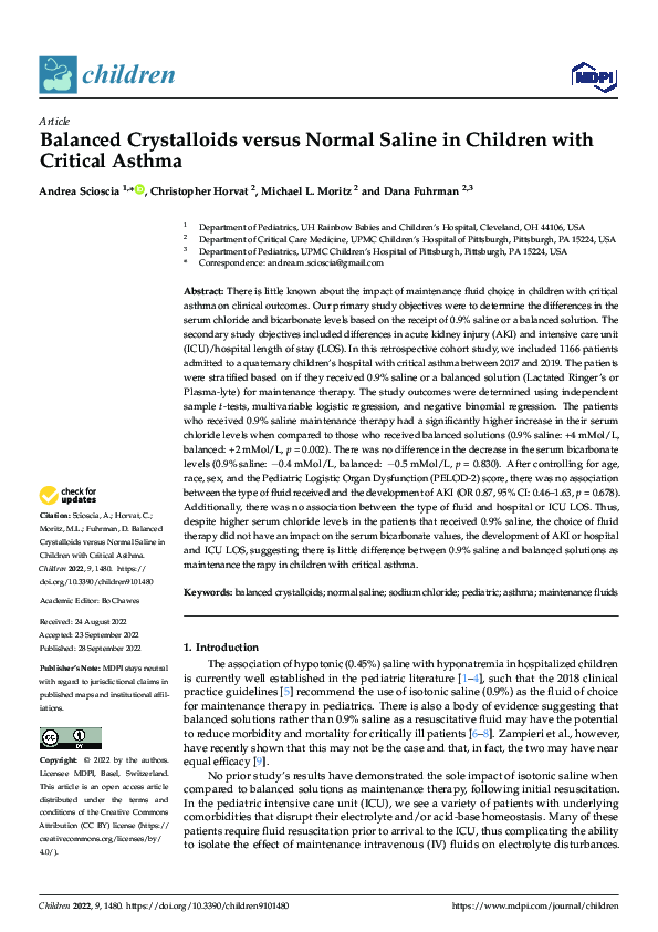 (PDF) Balanced Crystalloids versus Normal Saline in Children with ...