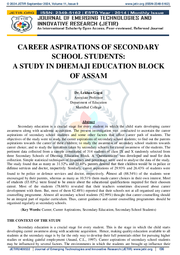 (PDF) CAREER ASPIRATIONS OF SECONDARY SCHOOL STUDENTS: A STUDY IN ...