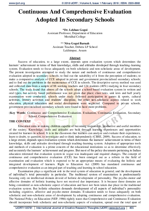 (PDF) Continuous and Comprehensive Evaluaion Adopted In Secondary Schools