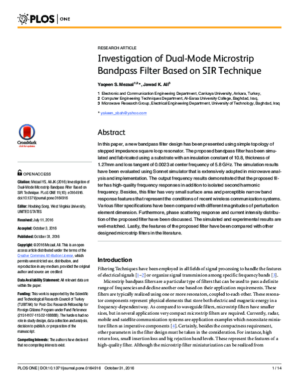 (PDF) Investigation of dual-mode microstrip bandpass filter based on ...