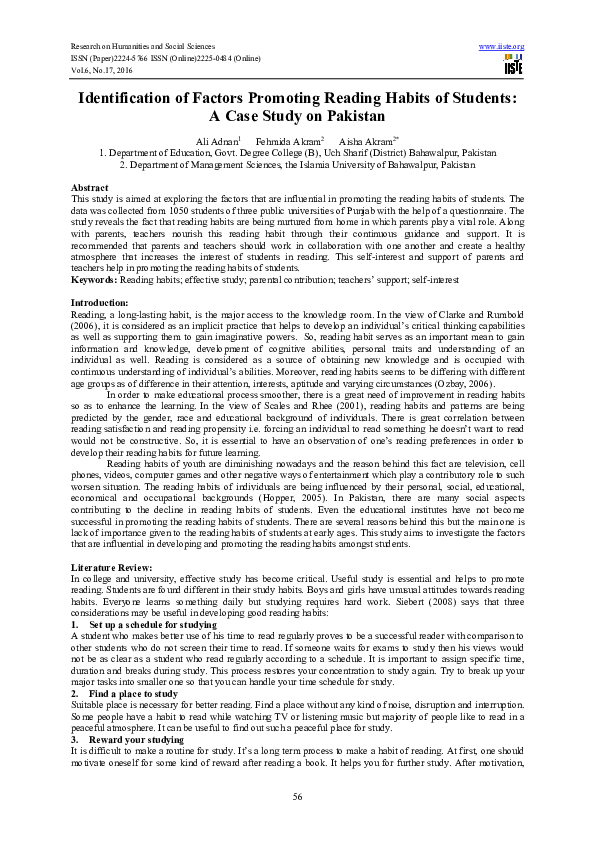 (PDF) Identification of Factors Promoting Reading Habits of Students: A ...