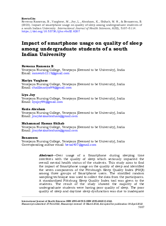 (PDF) Impact of smartphone usage on quality of sleep among ...