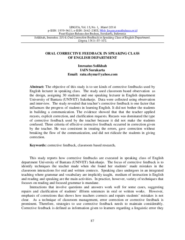 (PDF) Oral Corrective Feedback in Speaking Class of English Department