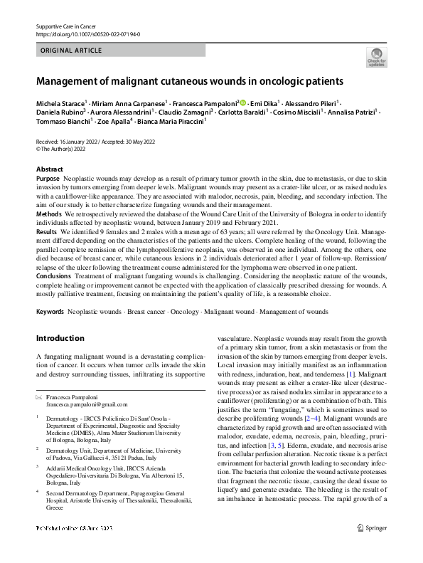 (PDF) Management of malignant cutaneous wounds in oncologic patients