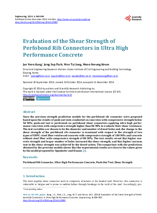 (PDF) Evaluation of the Shear Strength of Perfobond Rib Connectors in ...