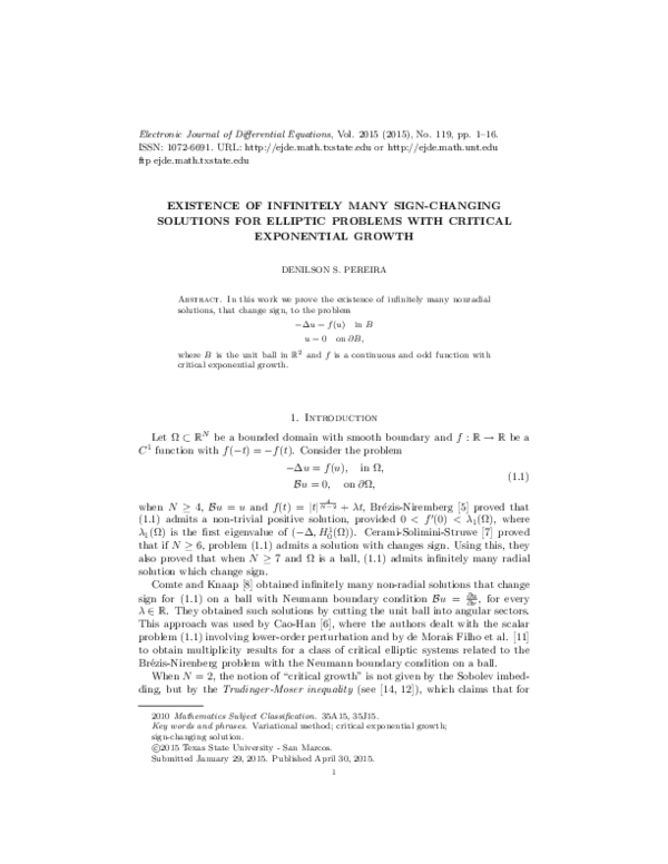 (PDF) Existence of infinitely many sign-changing solutions for elliptic ...