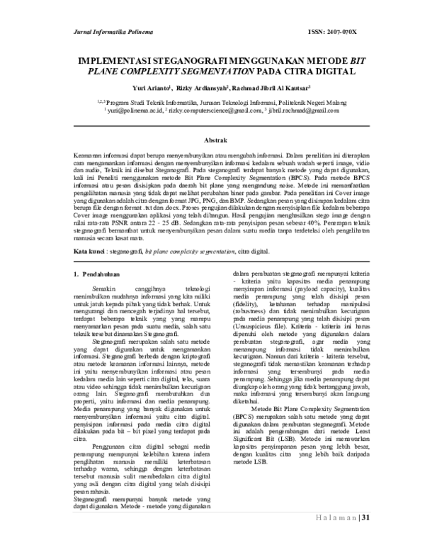 (PDF) Implementasi Steganografi Menggunakan Metode Bit Plane Complexity ...