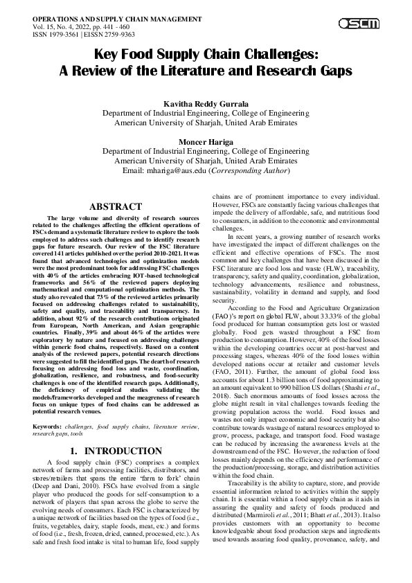 (PDF) Key Food Supply Chain Challenges: A Review of the Literature and ...