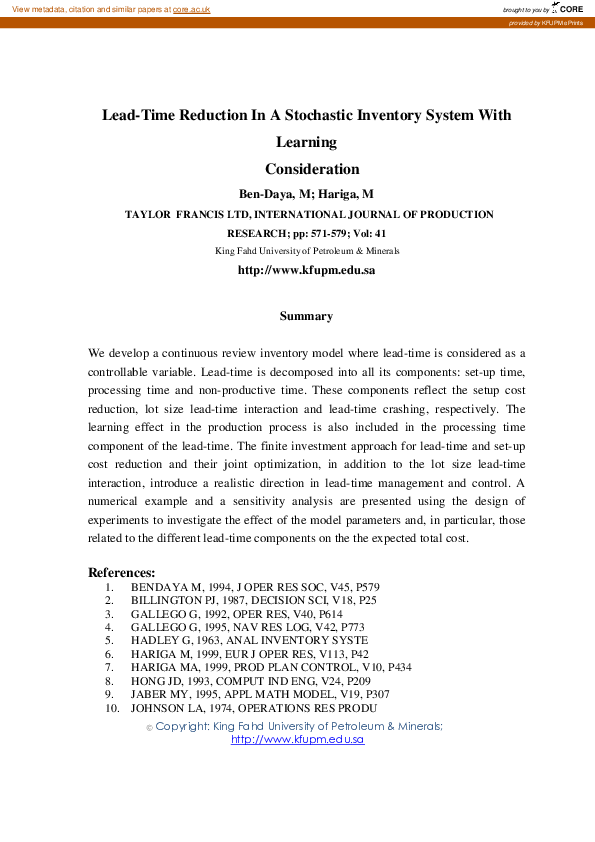 (PDF) Lead-time reduction in a stochastic inventory system with ...