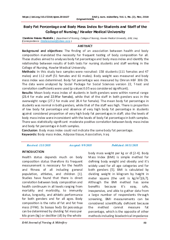 (PDF) Body Fat Percentage and Body Mass Index for Students and Staff of ...