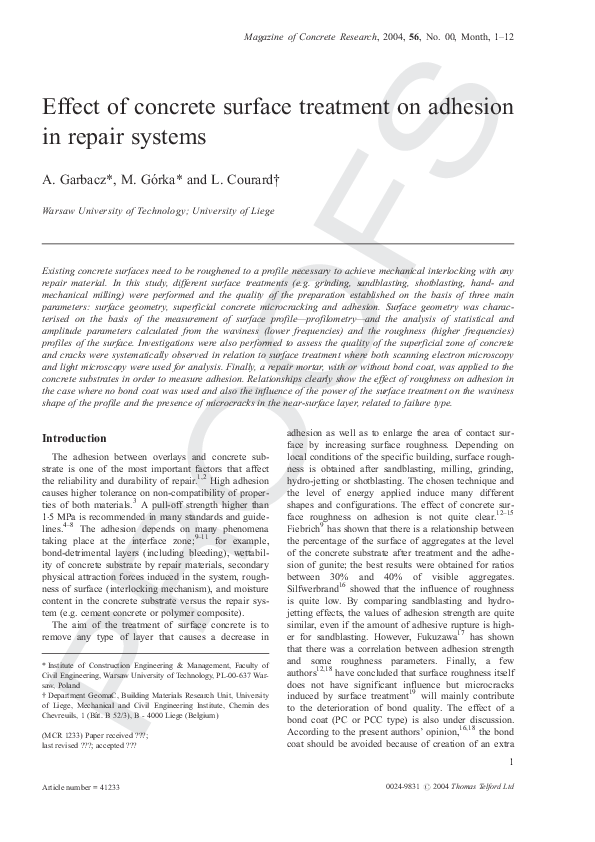 (PDF) Effect of concrete surface treatment on adhesion in repair systems