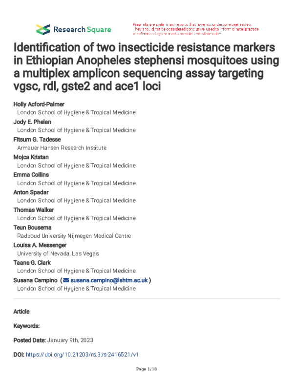 (PDF) Identification of two insecticide resistance markers in Ethiopian ...