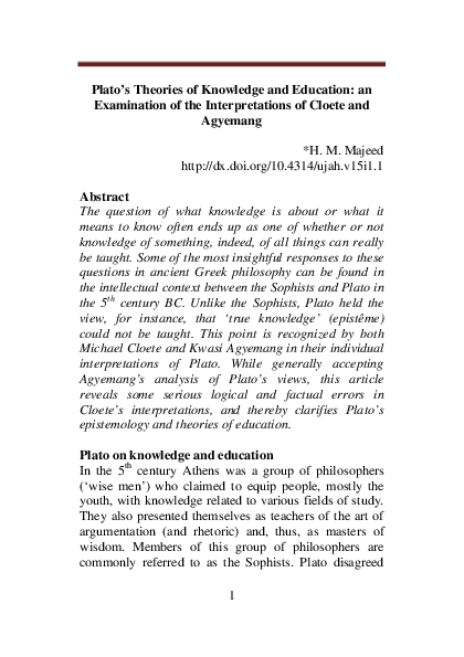 (PDF) Plato’s Theories of Knowledge and Education: an Examination of ...
