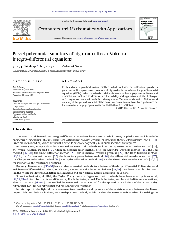 (PDF) Bessel polynomial solutions of high-order linear Volterra integro ...