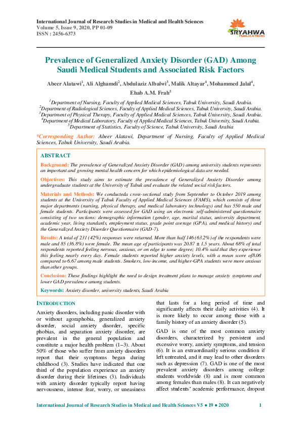 (PDF) Prevalence of Generalized Anxiety Disorder (GAD) Among Saudi ...