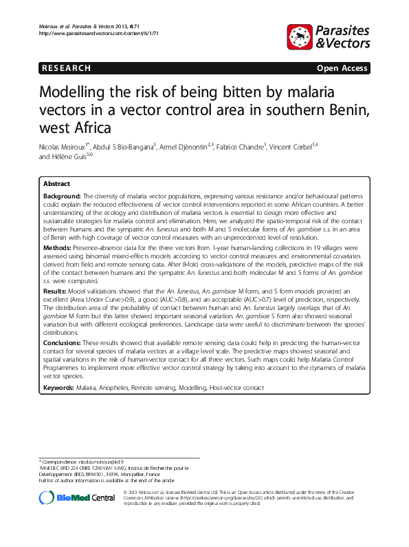(PDF) Modelling the risk of being bitten by malaria vectors in a vector ...