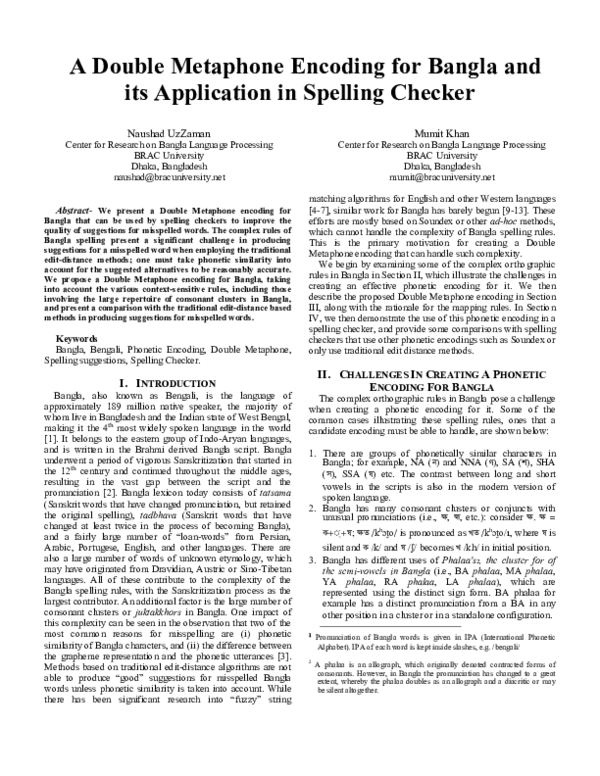 (PDF) A Double Metaphone Encoding for Bangla and its Application in ...