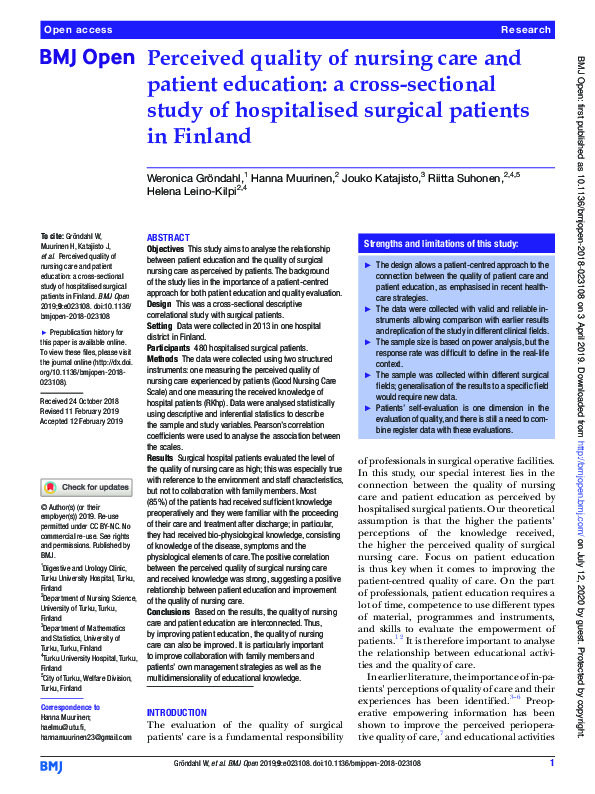 (PDF) Perceived quality of nursing care and patient education: a cross ...