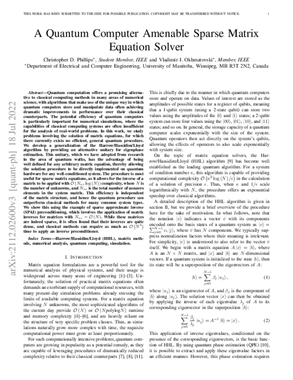 (PDF) A Quantum Computer Amenable Matrix Equation Solver with ...