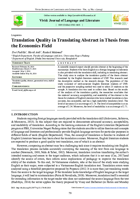 (PDF) Translation Quality in Translating Abstract in Thesis from the ...