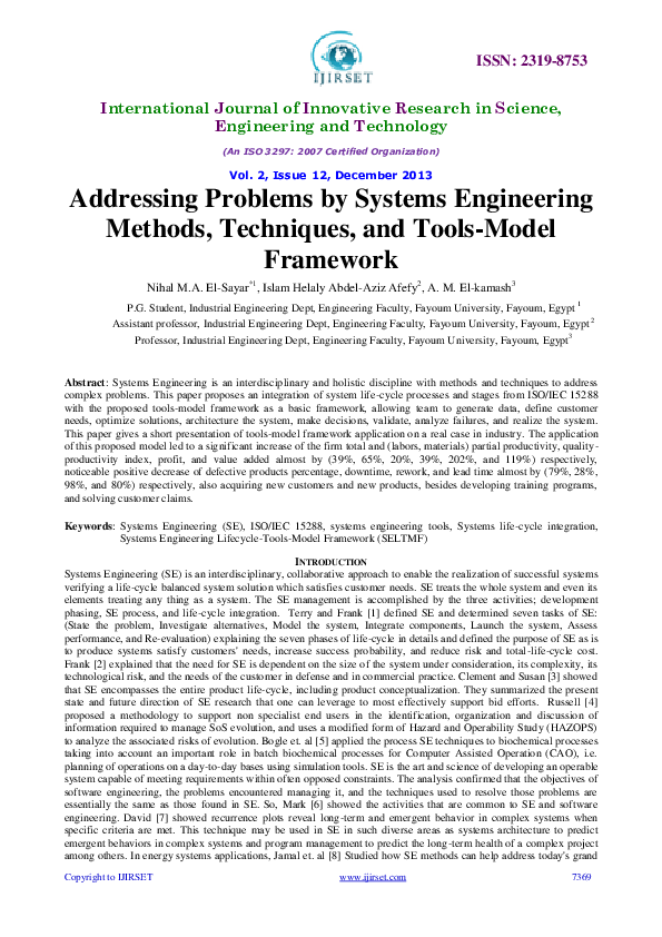 (PDF) Addressing Problems by Systems Engineering Methods, Techniques ...