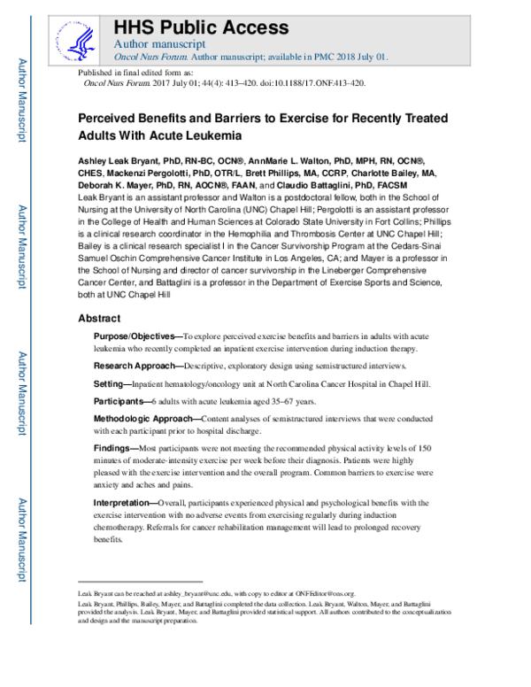 (PDF) Perceived Benefits and Barriers to Exercise for Recently Treated ...