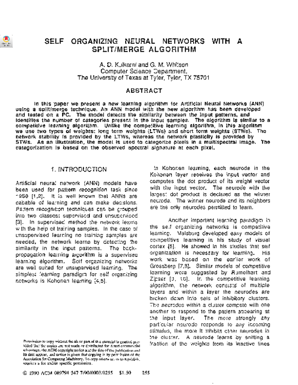 (PDF) Self organizing neural networks with a split/merge algorithm