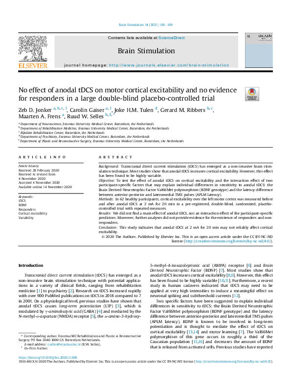 (PDF) No effect of anodal tDCS on motor cortical excitability and no ...