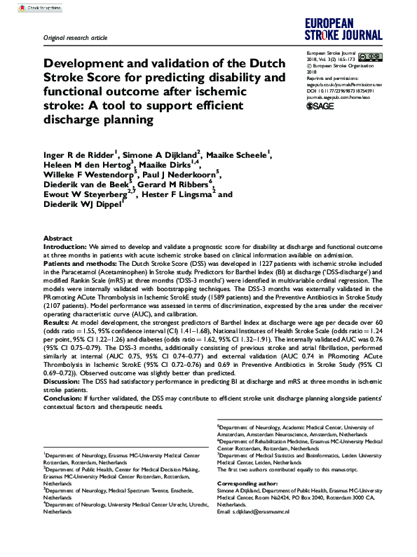 (PDF) Development and validation of the Dutch Stroke Score for ...