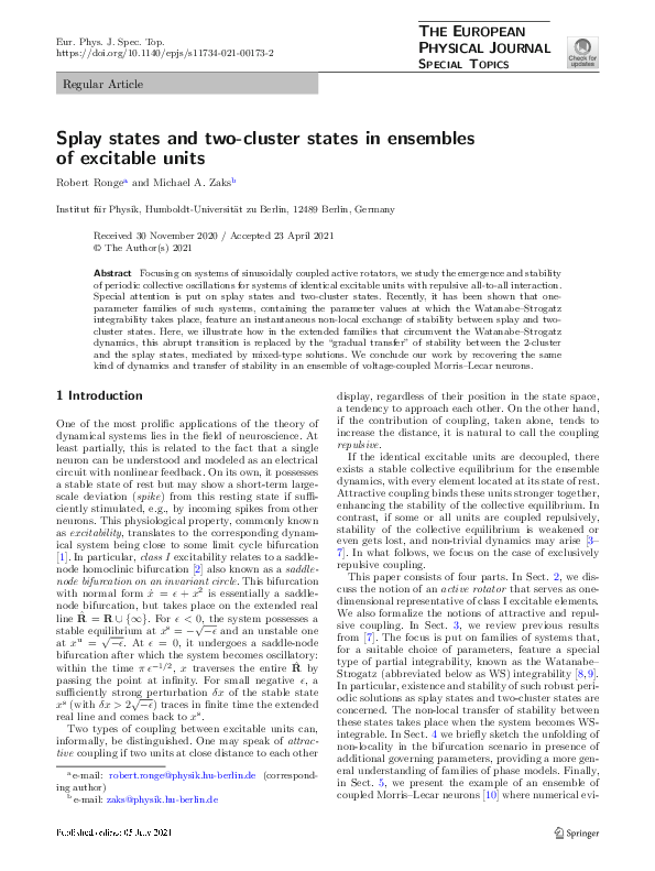 (PDF) Splay states and two-cluster states in ensembles of excitable units
