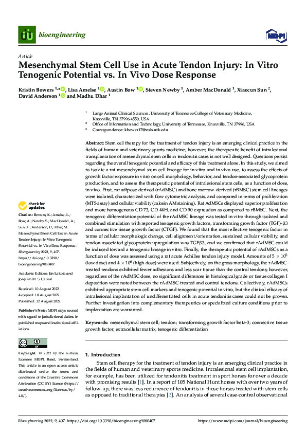 (PDF) Mesenchymal Stem Cell Use in Acute Tendon Injury: In Vitro ...