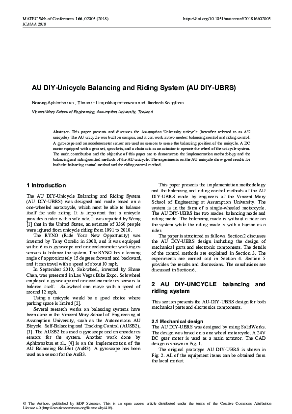 (PDF) AU DIY-Unicycle Balancing and Riding System (AU DIY-UBRS)