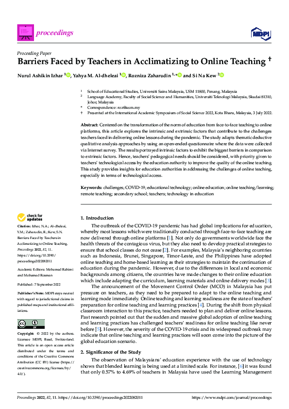 (PDF) Barriers Faced by Teachers in Acclimatizing to Online Teaching