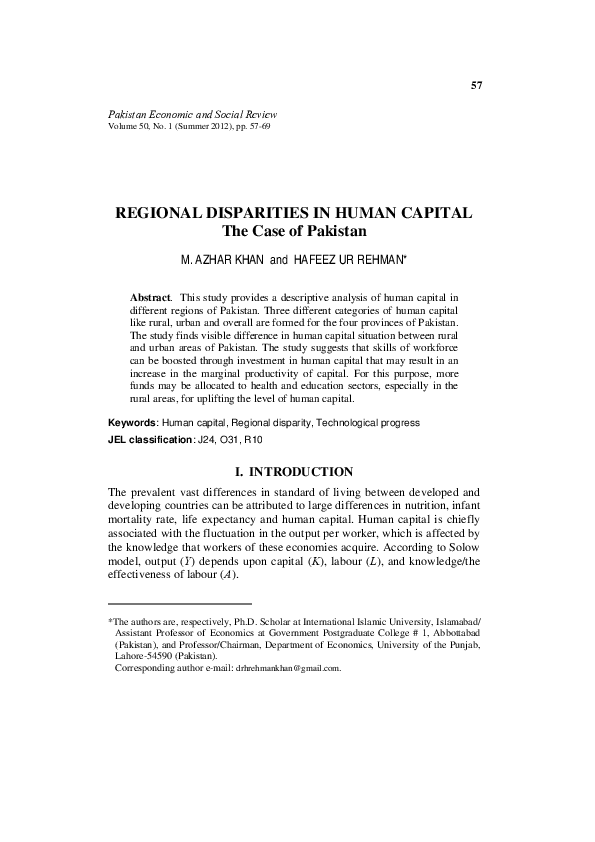 (PDF) REGIONAL DISPARITIES IN HUMAN CAPITAL The Case of Pakistan