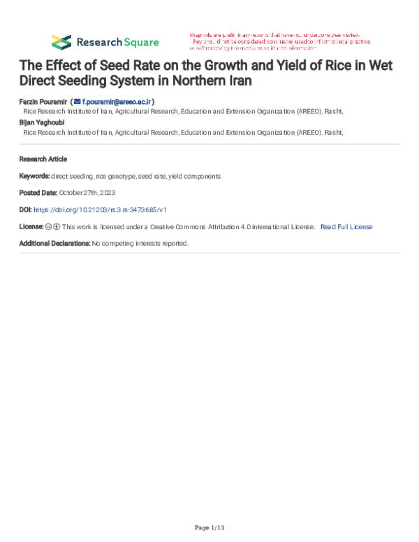 (PDF) The Effect of Seed Rate on the Growth and Yield of Rice in Wet ...