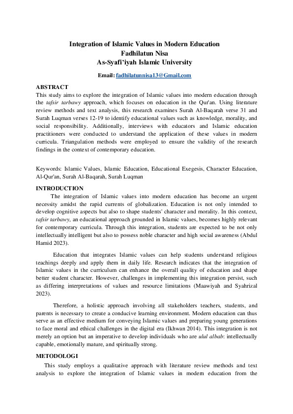 (PDF) Integration of Islamic Values in Modern Education