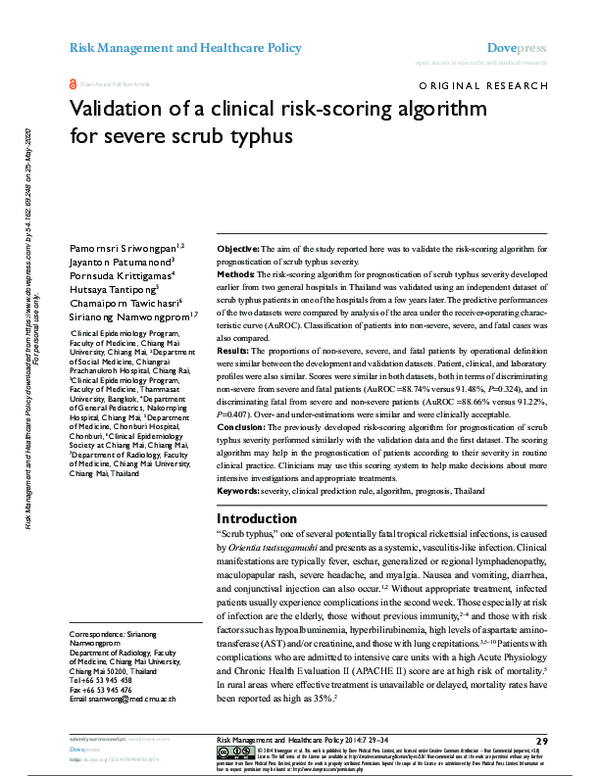 (PDF) Validation of a clinical risk-scoring algorithm for severe scrub ...