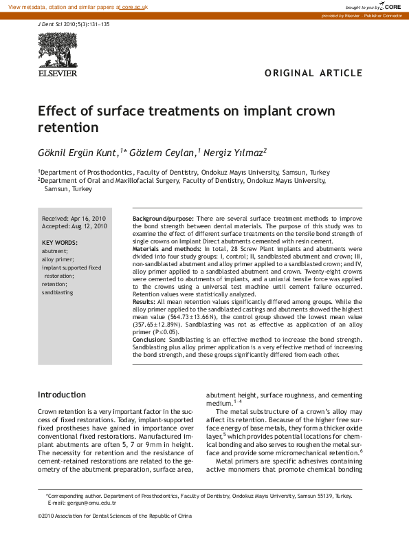 (PDF) Effect of surface treatments on implant crown retention