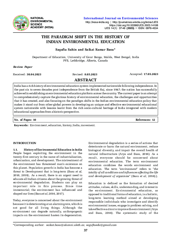 (PDF) The Paradigm Shift in the History of Indian Environmental Education
