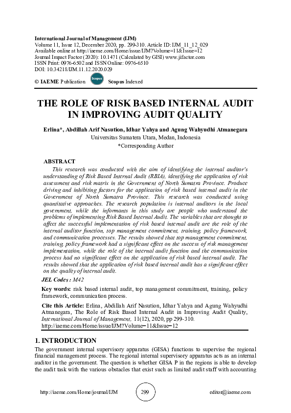 (PDF) The Role of Risk Based Internal Audit in Improving Audit Quality