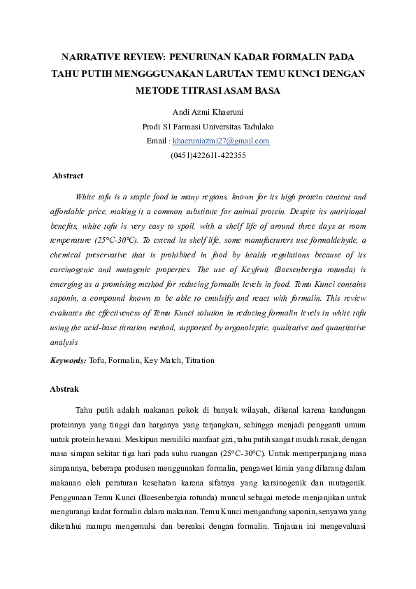(PDF) NARRATIVE REVIEW PENURUNAN KADAR FORMALIN PADA TAHU PUTIH ...