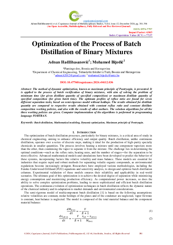 (PDF) Optimization of the Process of Batch Distillation of Binary Mixtures
