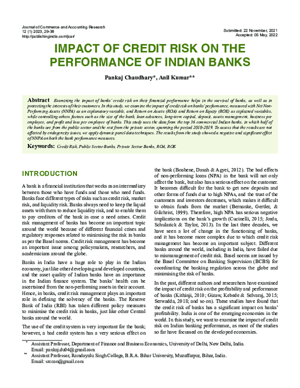 (PDF) Impact of Credit Risk on the Performance of Indian Banks