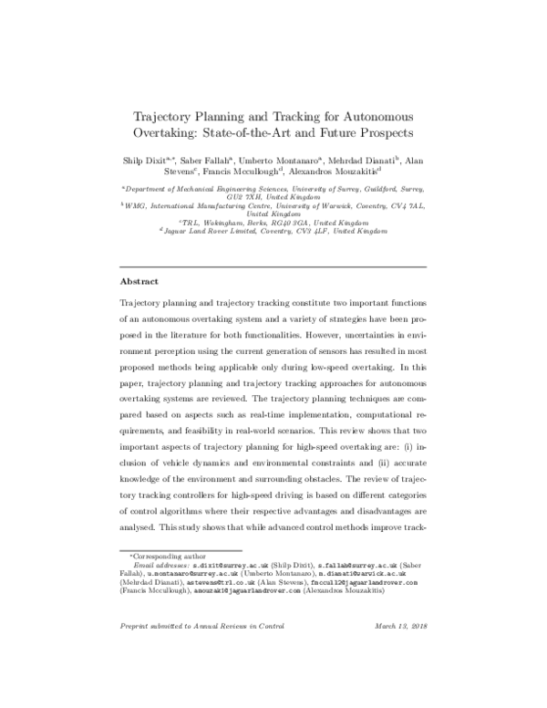(PDF) Trajectory planning and tracking for autonomous overtaking: State ...
