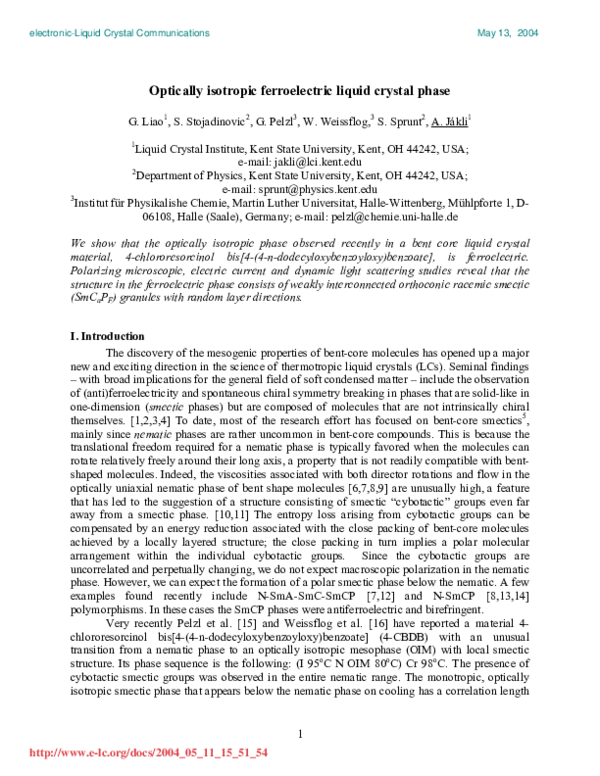 (PDF) Optically isotropic ferroelectric liquid crystal phase